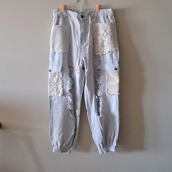 New POL Light Blue Patchwork distressed Joggers - Picture 4 of 7
